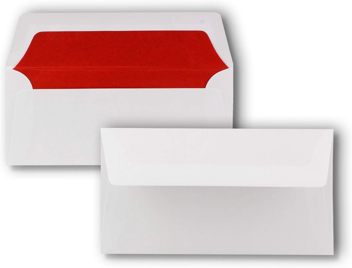 50 enveloppen wit - DIN lang - gevoerd met rood zijdepapier - 22 x 11 cm - natte lijm, rechte klep - ideaal voor uitnodigingen en groeten voor verjaardag en Kerstmis