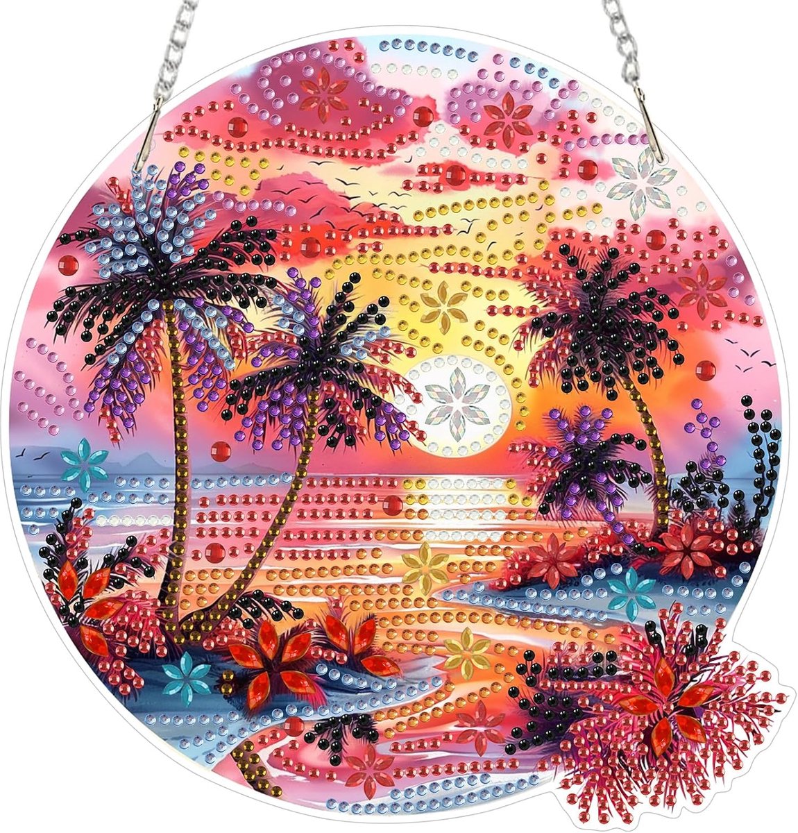 Strand, zonsondergang, diamond painting raamafbeeldingen, volwassenen, kinderen, hangend ornament, creatief knutselen, raam, tuin, uitzicht op zonsondergang boven de zee
