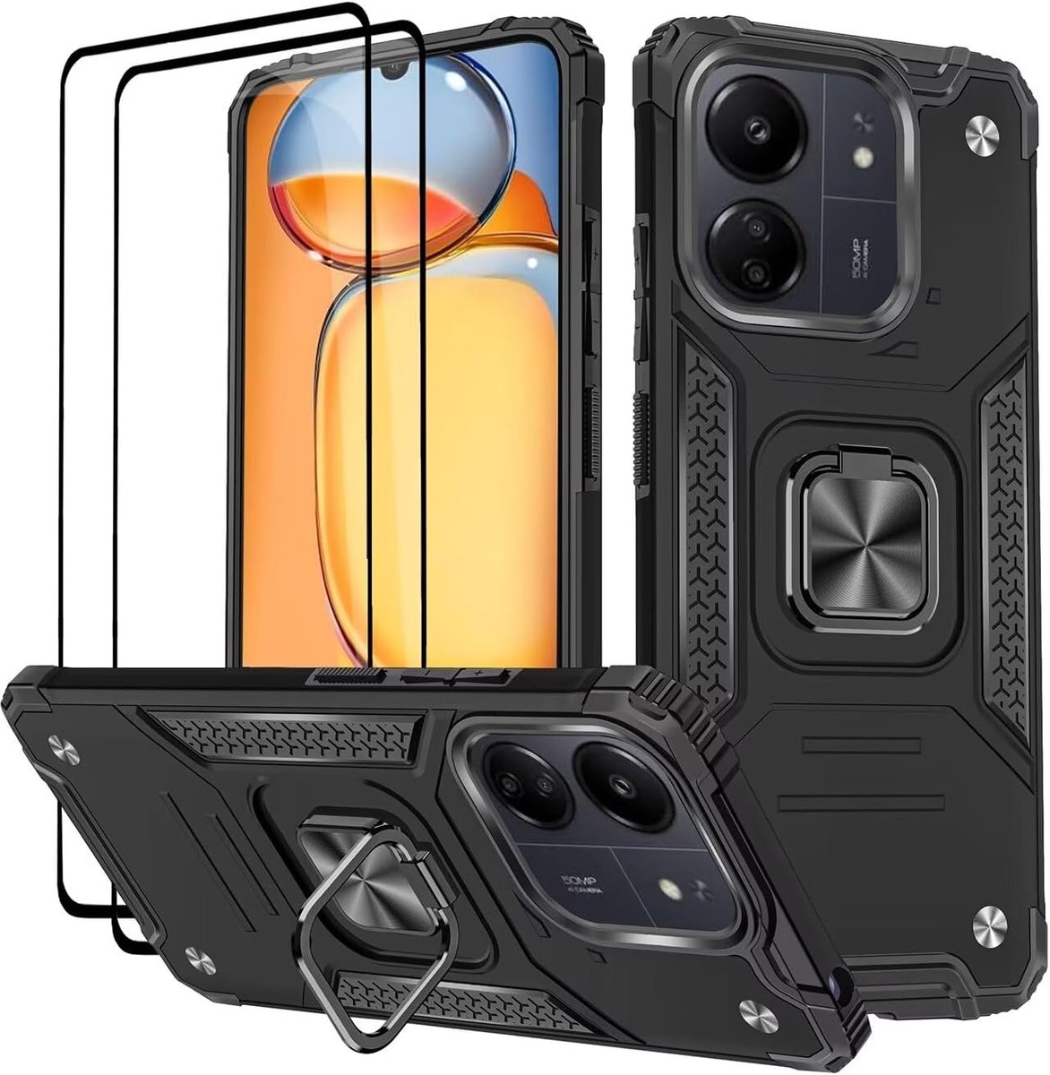 Beschermhoesje voor Xiaomi Redmi 13C/Poco C65, gehard glas, 2 stuks, beschermhoes van TPU-siliconen, 360° draaibaar, magnetische ring, houder voor bumper, zwart