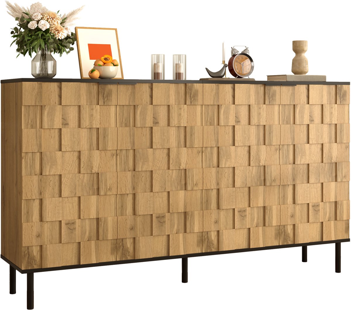 Sideboard 2-deurs opbergkast - Houtnerf uitstraling - Met metalen poten - Voor woonkamer en hal - Spaanplaat constructie - Eenvoudig te monteren