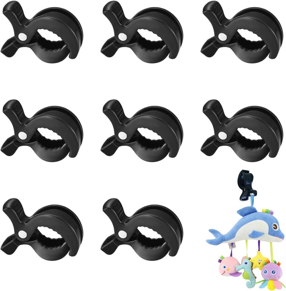Kinderwagenklem, 8 stuks clips voor bevestiging van speelgoedklemmen, universeel, voor mousselinedoeken, dekens, afdekking (zwart)