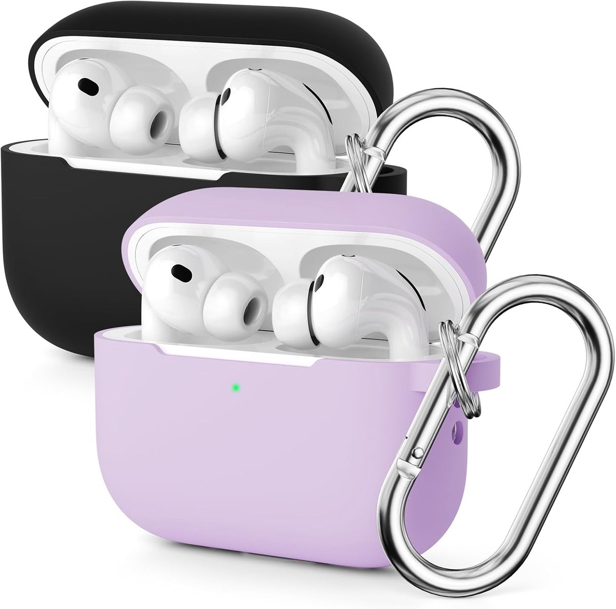Hoes compatibel met AirPods Pro 3e generatie, beschermende siliconen hoes voor AirPods Pro 3 2025, schokbestendige beschermhoes met reinigingspen en karabijnhaak (zwart/paars) - 2 stuks