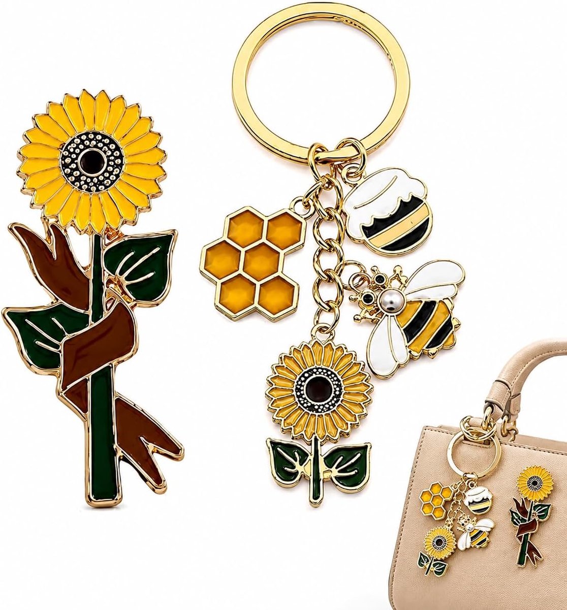 Sleutelhanger met zonnebloem en bijenmotief, gele tas hanger van legering, decoratieve sleutelhanger voor dames en tienermeisjes, lichtgewicht accessoire voor tas en sleutelbos