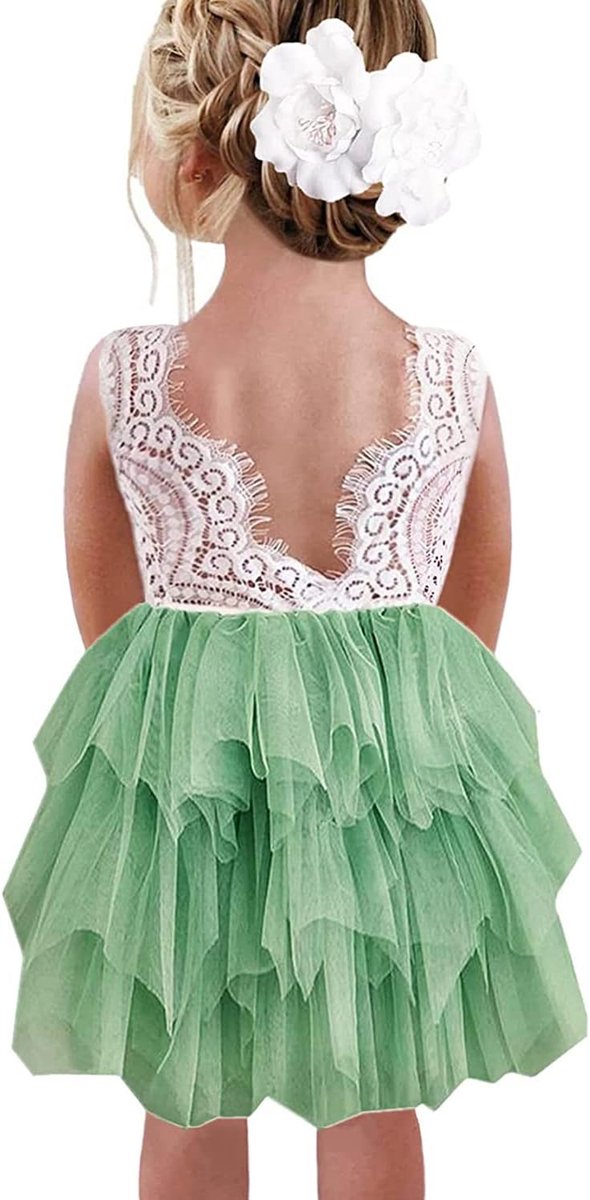 Feestjurk voor meisjes, kant, V-hals, rug, mouwloos, wollig, tule, prinsessenjurk, feestjurk, bloemenmeisjesjurk