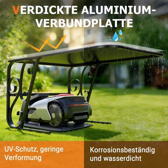 Garage voor robotmaaier met metalen poten, beschermende overkapping, carport, overkapping voor grasmaaier, grasmaaier, uv-bescherming, ideaal tegen regen en hagel, 43 x 56 x 82 cm, zwart — afbeelding 4