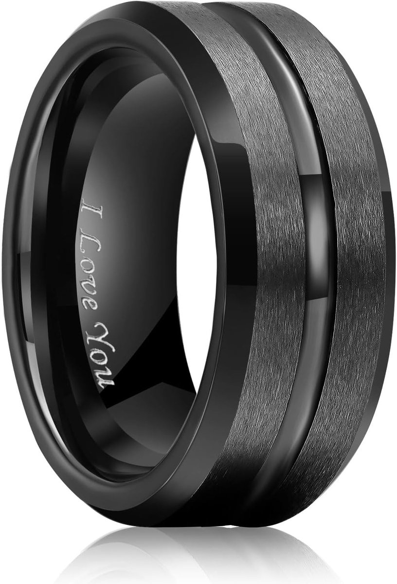 Will Trouwring van 8 mm wolfraam voor heren en dames, zwarte ring met middelste groef en lasergravure "I Love You", krasbestendig, comfort fit, geschikt voor dagelijks gebruik 54,3 (17,3)