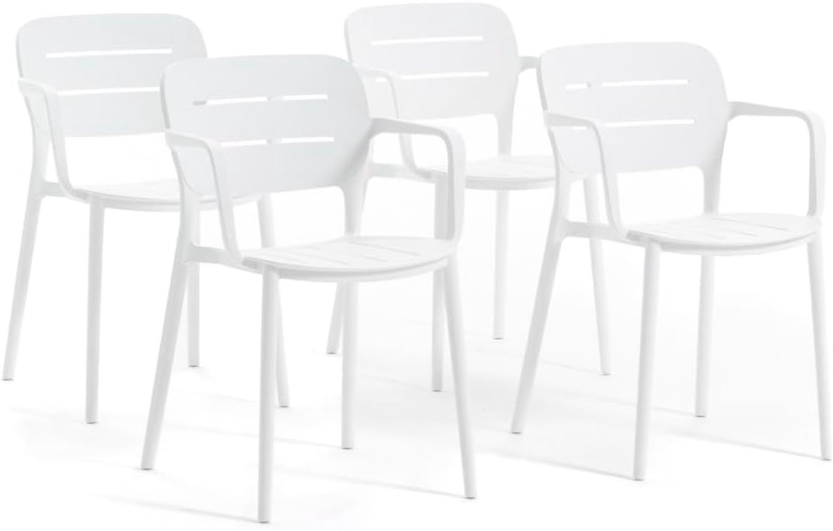 - Buitenstoelen met armleuningen, hars met glasvezelversterking, stapelbaar, weerbestendig (4, wit)