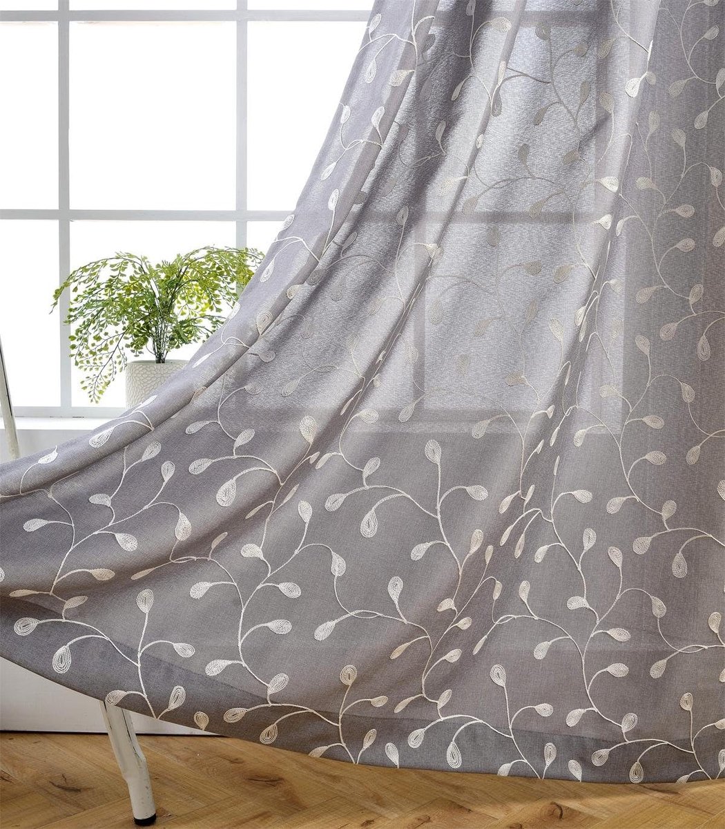 Bloemengeborduurde Semi Sheer Gordijnen Faux Linnen Grommet Gordijnen voor Woonkamer