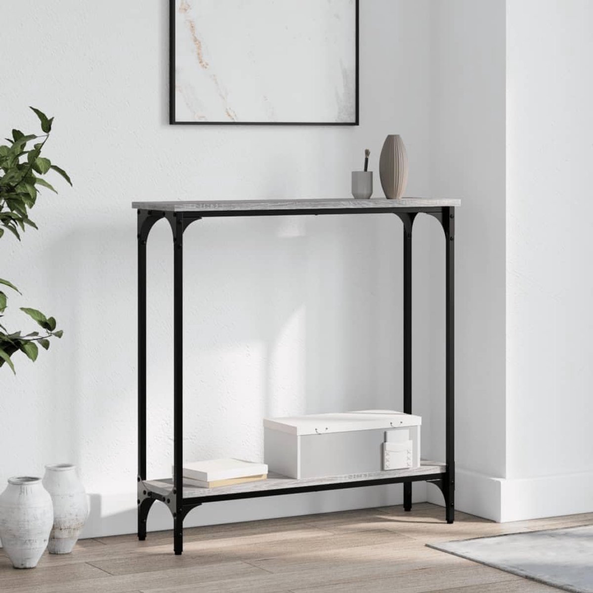 Consoletafel, grijs, Sonoma 75 x 22,5 x 75 cm, houtmateriaal met metalen frame en 4 verstelbare poten, banktafel, woonkamertafel voor opbergruimte