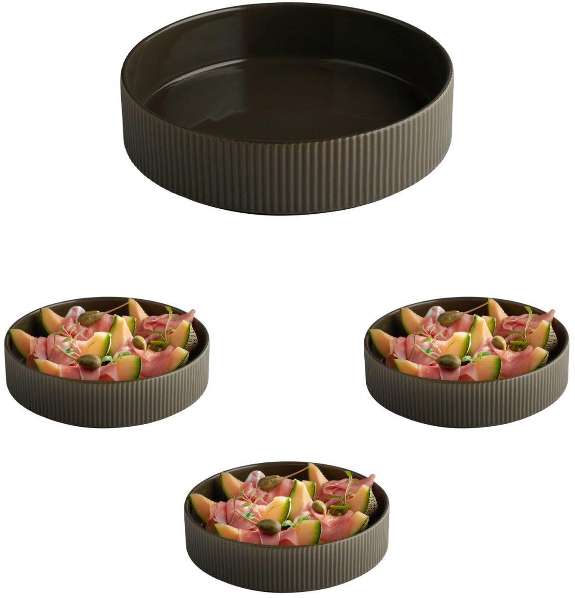 APS The Grid Diepe Borden - Porselein Bordenset - Luxe Pastaborden - Bruin - 23 cm (3 stuks)