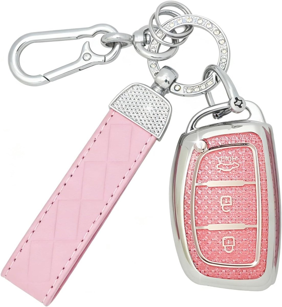 Autosleutelhoesje met Leren Sleutelhanger Compatibel met Hyundai i20 i30 i40 ix25 ix30 ix45 Santa Fe Ioniq Sonata Kona Tucson Elantra Solaris Accent,Autosleutel Behuizing (Roze)