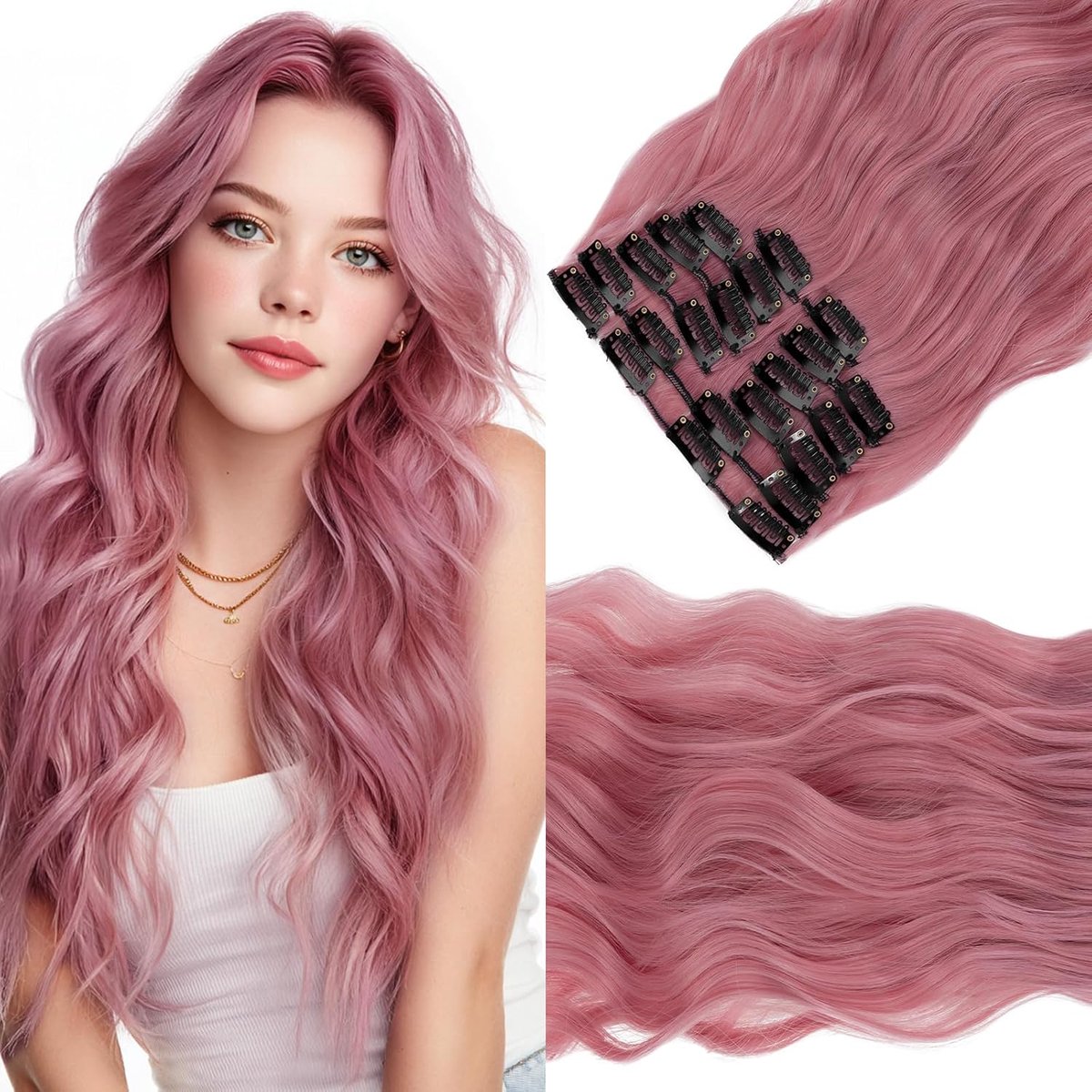 Clip-in extensies, asroze, 12 stuks, haarextensies, clips, haarverlenging, voordelig golvend haar, kunsthaar, 12 strengen, haarstukje voor dames