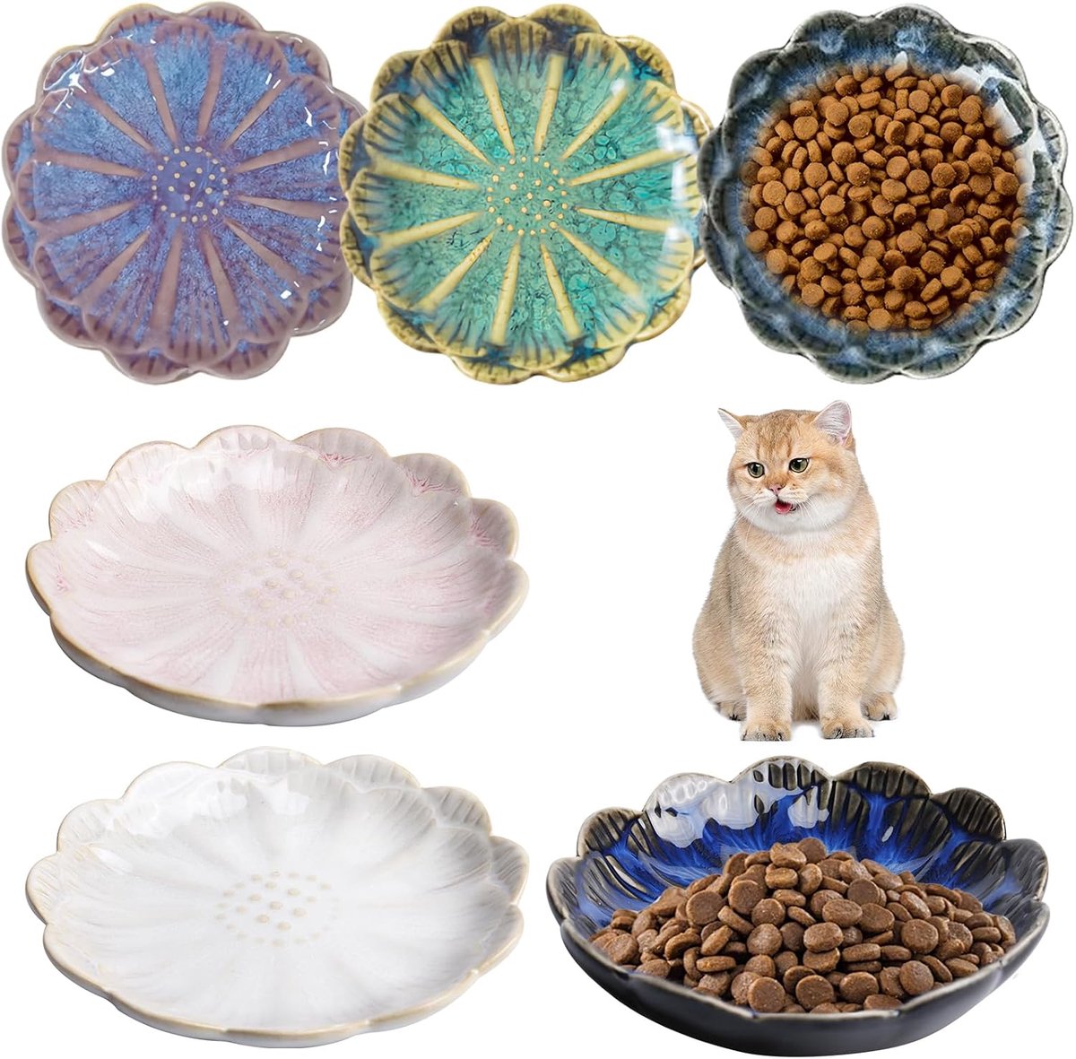 keramiek: 6 stuks voerbak kat voerbak kat keramiek platte kattenborden, kattenkom porselein voerschaal, kattenvoer kom klein, katten nappenset voor voer en water