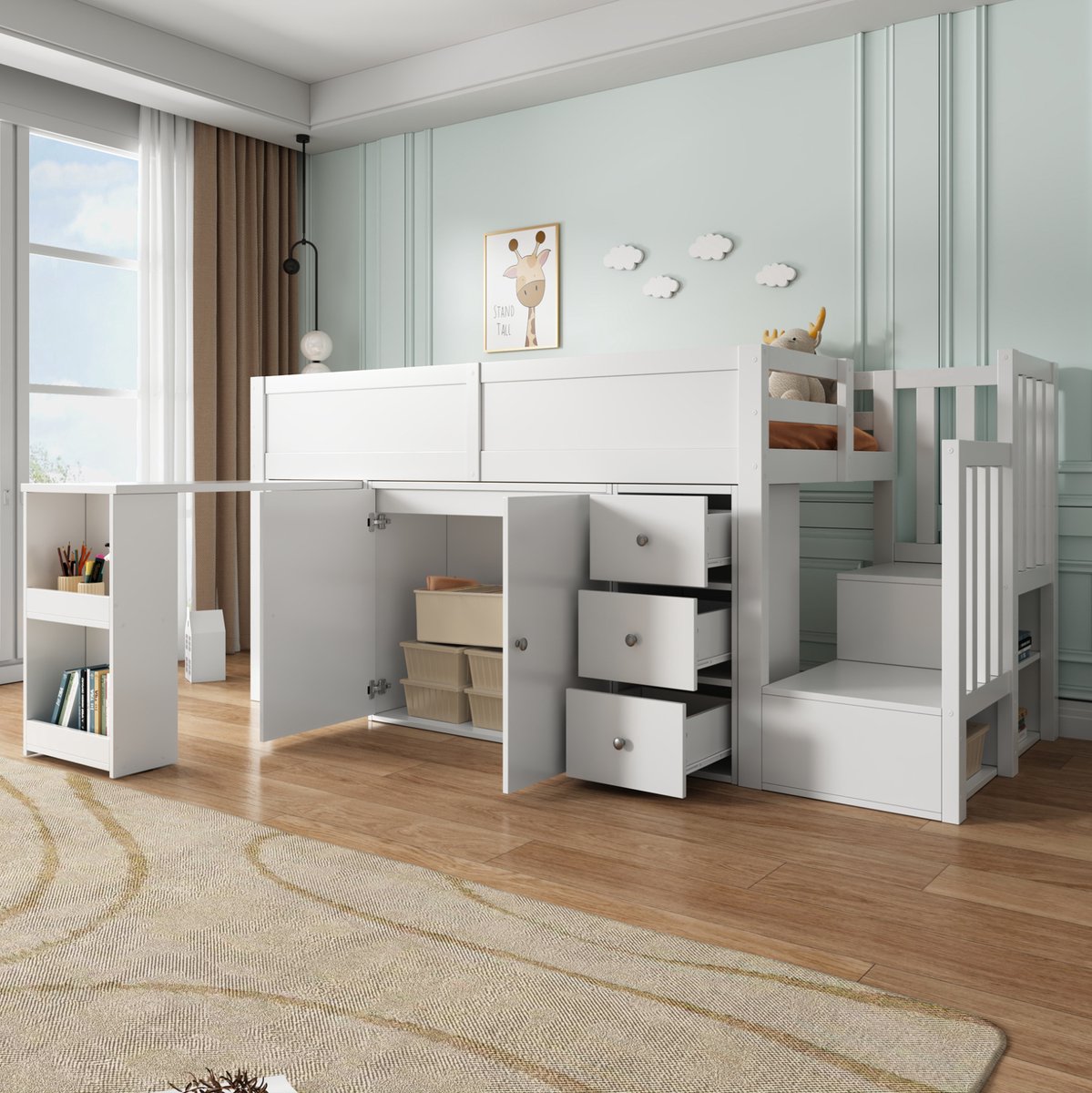 WUVRIE Kinderhoogslaper 90x200 cm met uitschuifbaar bureau, trap, kasten en lades, MDF, wit