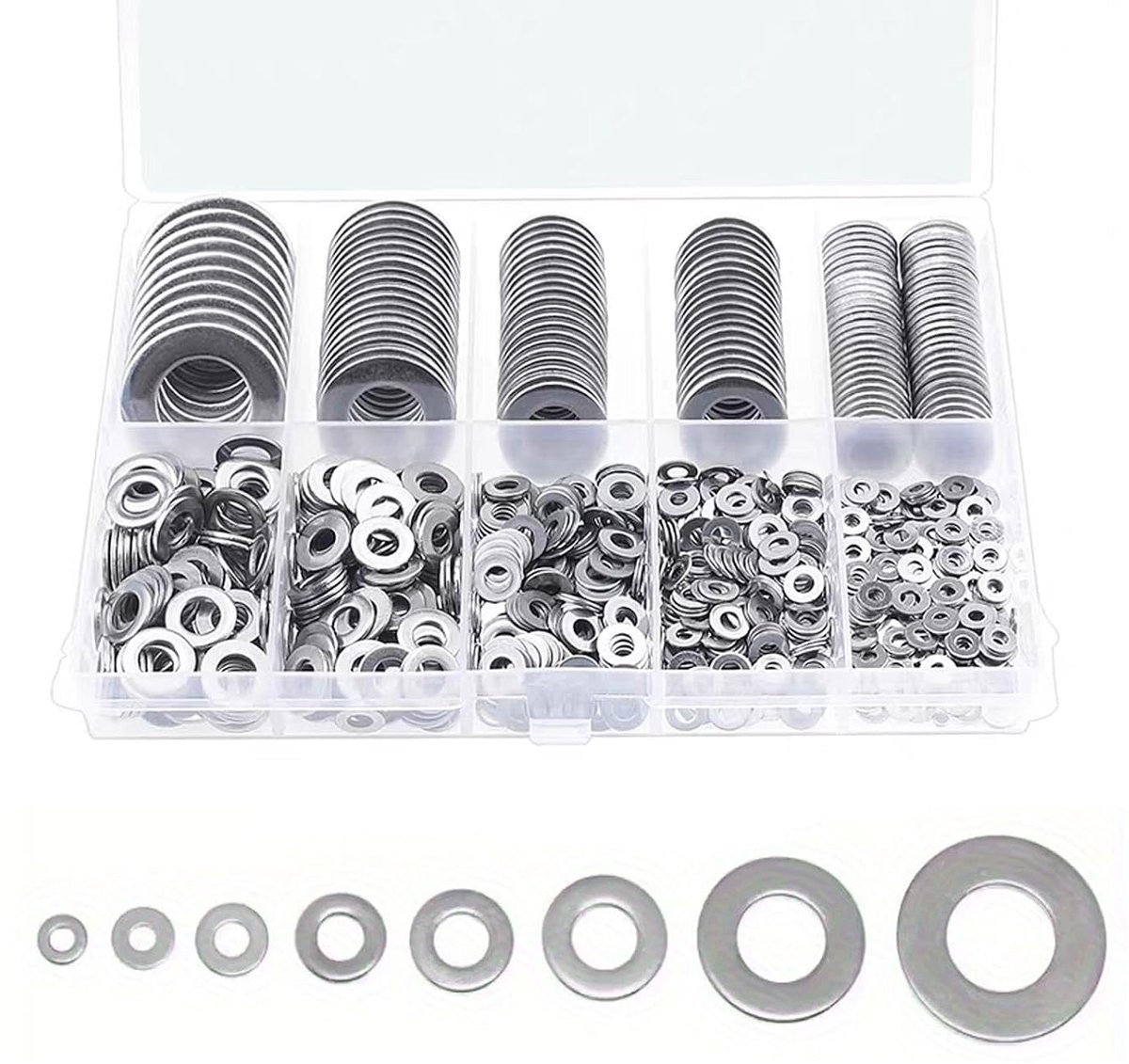 Platte sluitringen, roestvrij staal, sluitringen, assortiment, set 8 maten, M2, M2,5, M3, M4, M5, M6, M8, M10, carrosserieschijven met assortimentsdoos, sluitringen, set voor