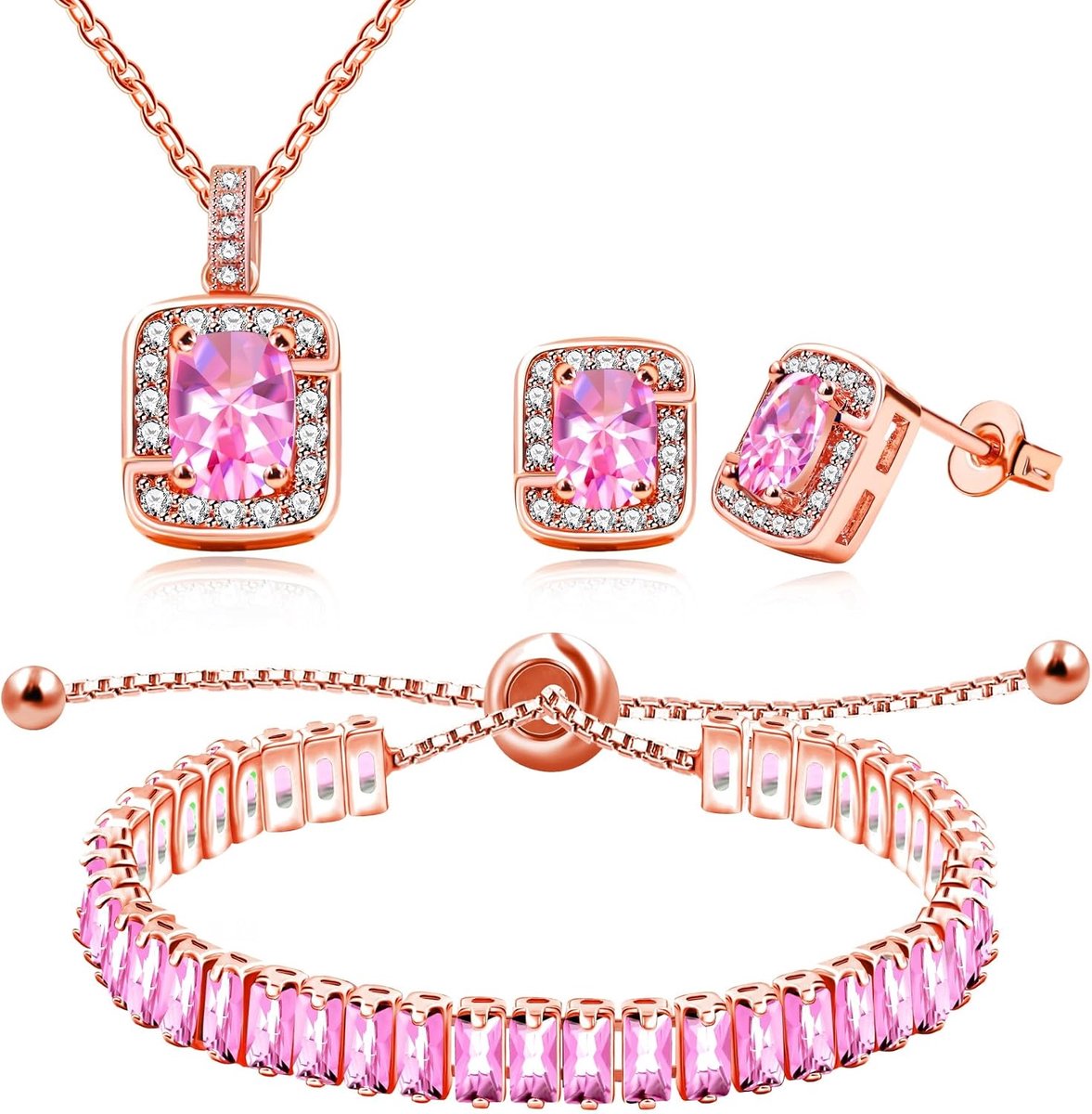 Zirconia Ketting Tennis Armband Stud Oorbellen Set voor Vrouwen | Rechthoekige Cut Zirkoon Sieraden voor Kerstmis Verjaardag Afstuderen Valentijnsdag Y3611