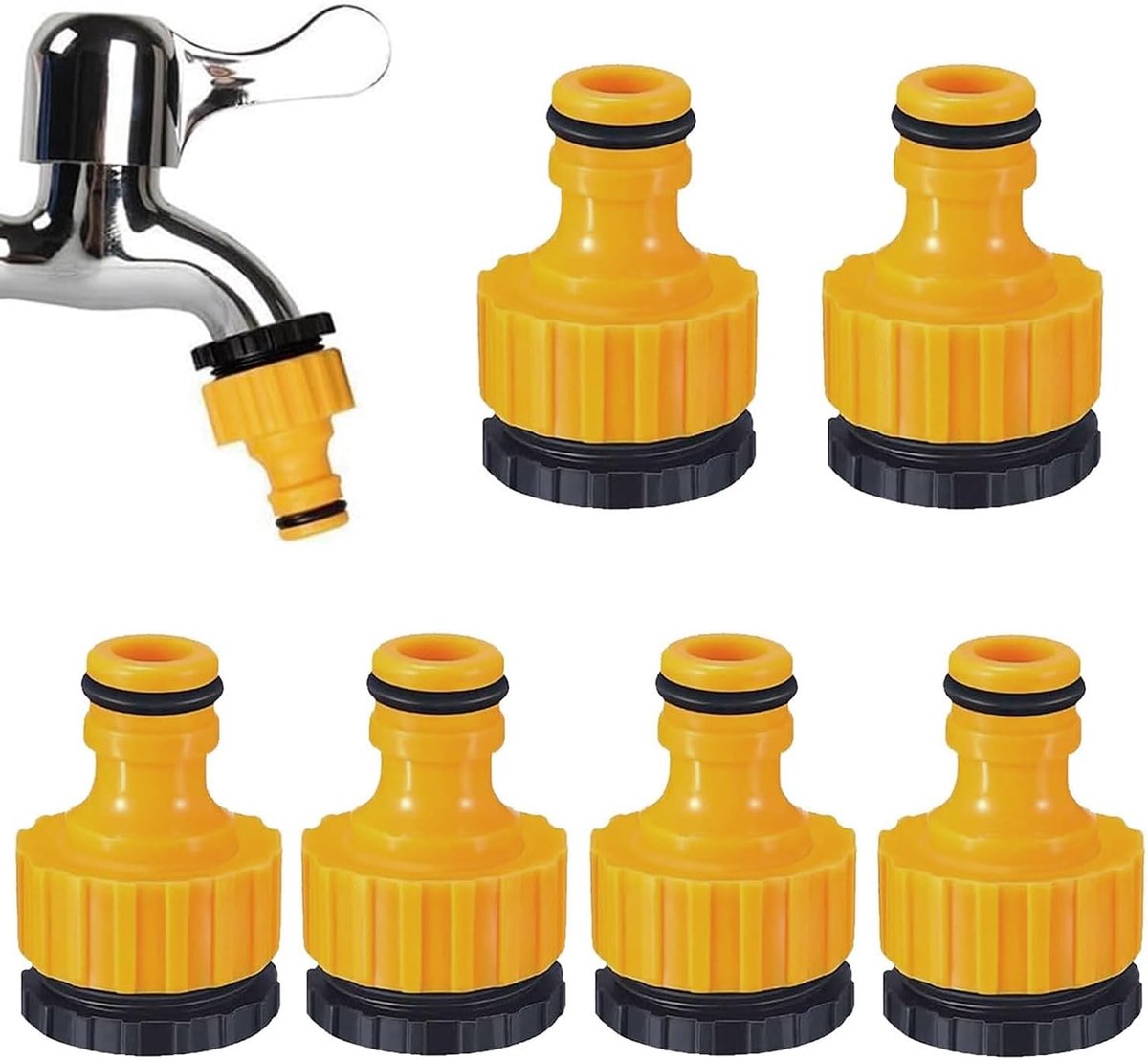 6 stuks kraanaansluiting, 1/2 inch 3/4 inch kunststof slangaansluiting, 2-in-1 tuinslangaansluiting, tuinschroefdraad, kraanconnector voor familie, reizen, tuinirrigatie (geel)