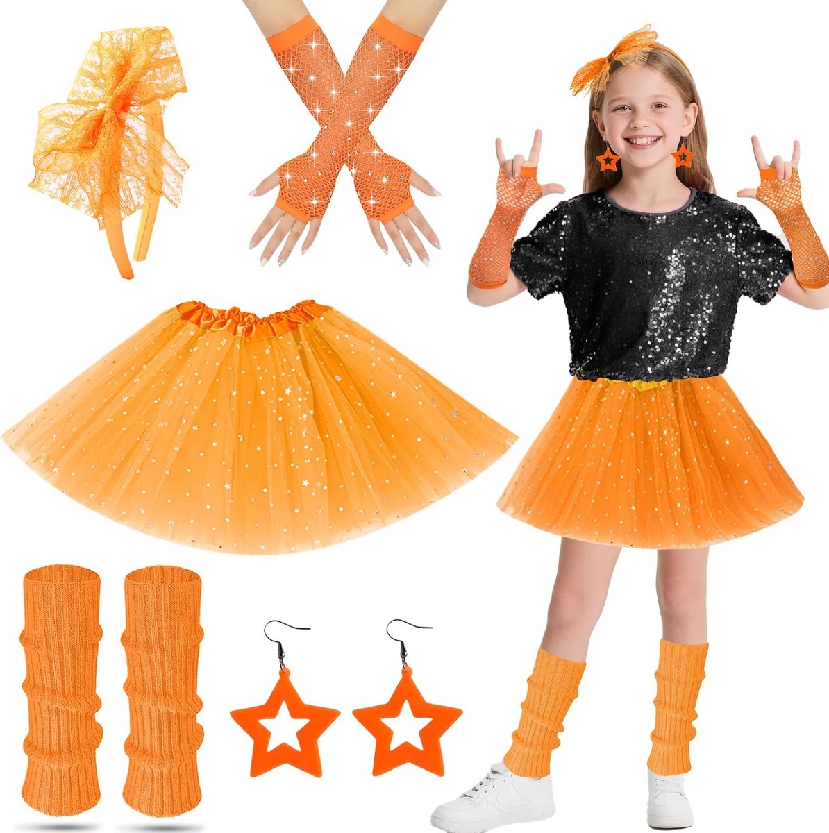 80-outfit voor kinderen, manchetten voor kinderen, jaren 80-outfit voor meisjes, met tutu, rok, fishnet, handschoenen, oorbellen, hoofdband, meisjes, feestjurk voor jaren 80, 90