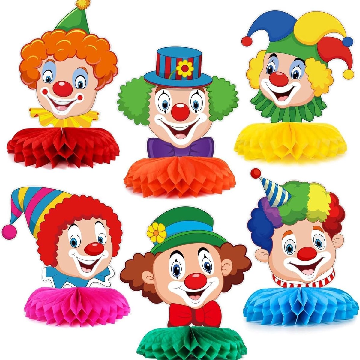 6 stuks clown-tafeldecoratie, carnaval, clown-tafeldecoratie, carnavalsdecoratie, honingraatballen, clowndecoratie, 3D-carnaval, tafeldecoratie voor decoratie, carnaval, party, decoratie, kleurrijke