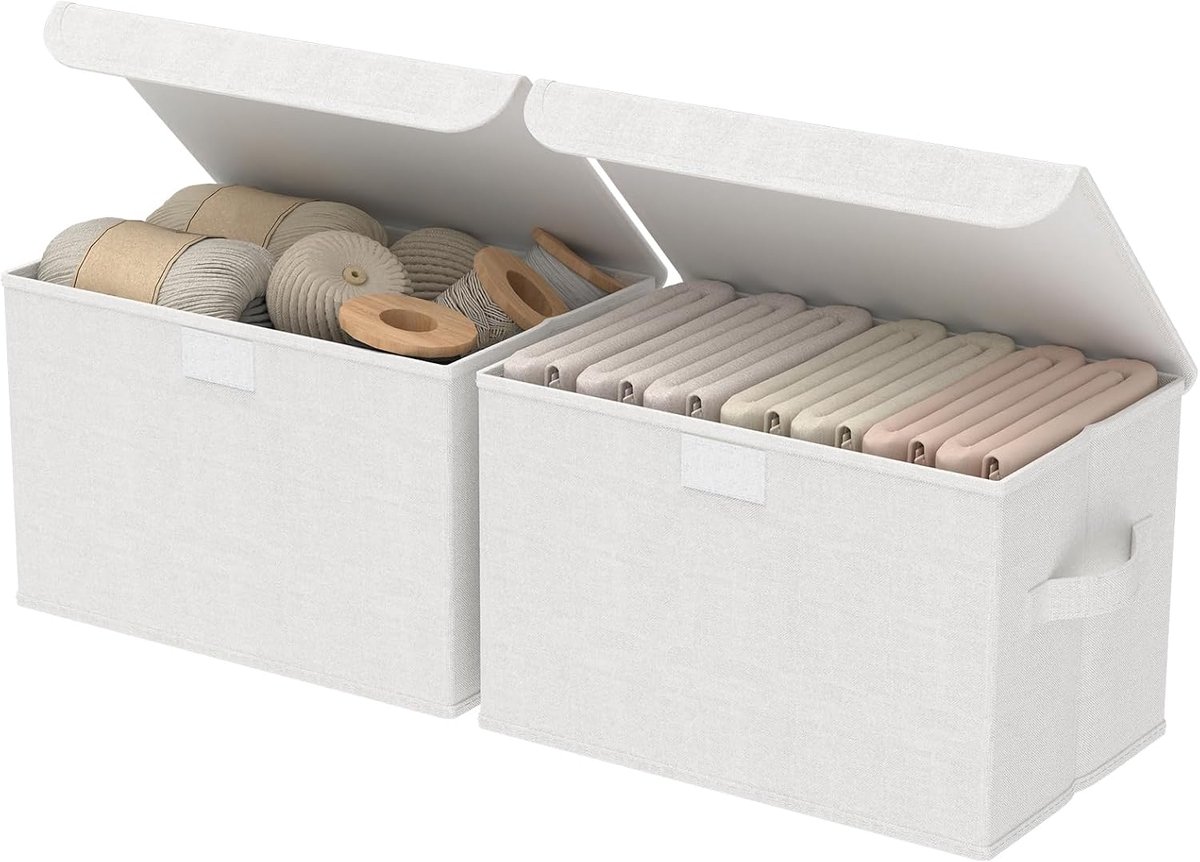 Opbergdoos met deksel, opvouwbare opbergkisten, kledingorganizer met 2 stoffen handgrepen, voor slaapkamer, kledingopslag, 2 stuks, wit, 26 x 20 x 17 cm