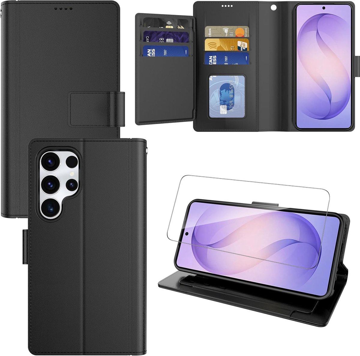 Case voor Samsung Galaxy S26 Ultra Hoesje met 1 screenprotector,PU Lederen Opvouwbare Hoesje,Samsung S26 Ultra Telefoonhoesje met 9 kaarthouder en standaard,Premium Flip Case[Zwart]