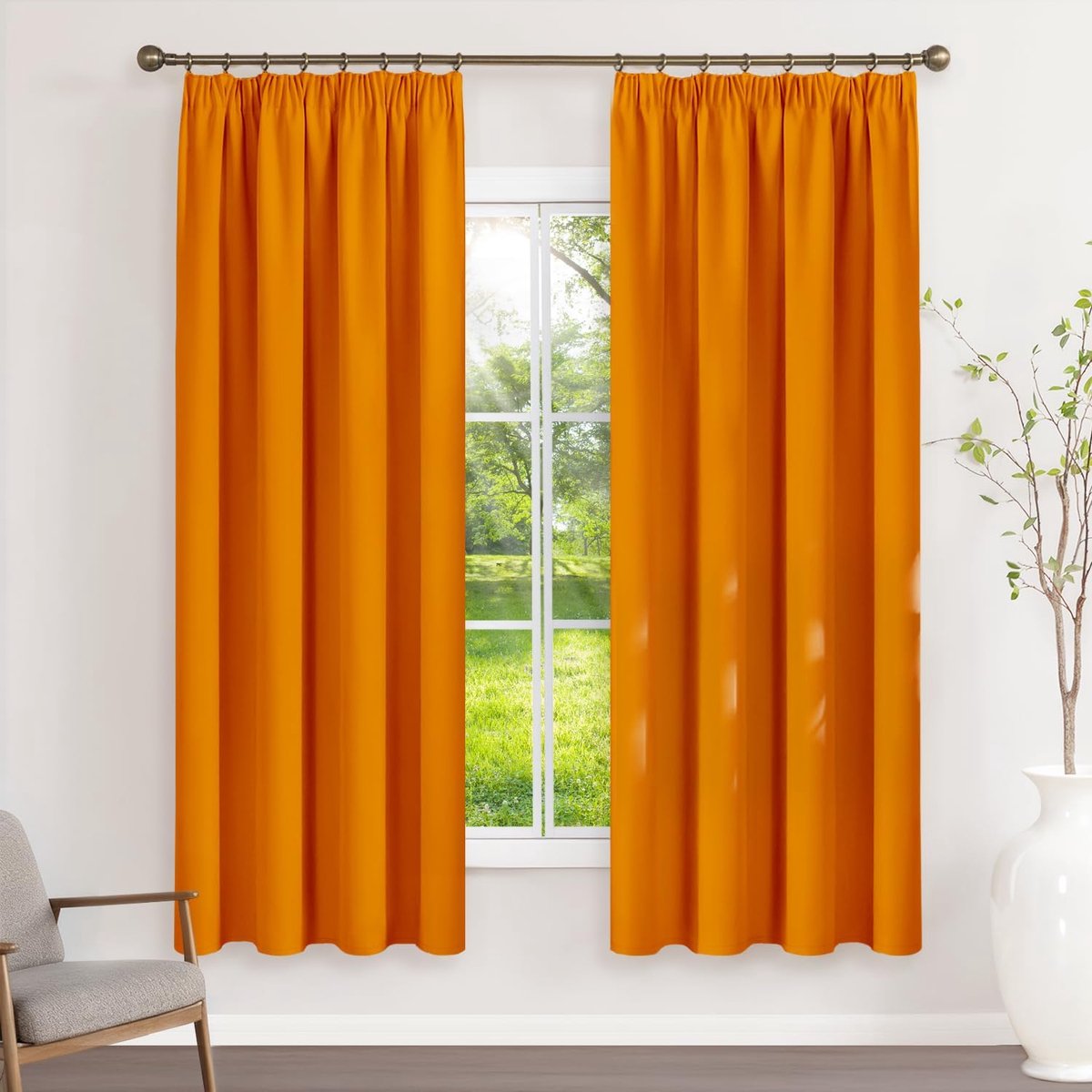 120 x 180 cm (b x h), 2 stuks, met plooiband, bescherming tegen kou en hitte, ondoorzichtig, uv-bescherming, decoratie voor binnen, slaapkamer, woonkamer, oranje