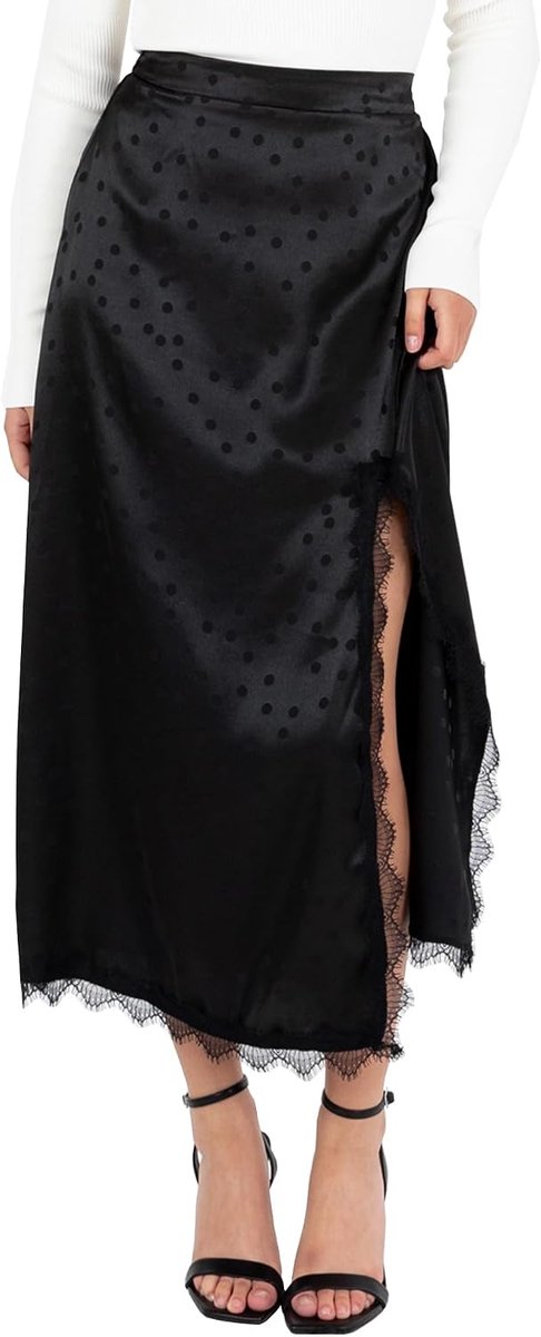 Dames Midaxi rok dames satijn kant trim split zoom polka dot spot print A-lijn gelegenheid avond feest cocktail, zwart 12, Zwart, 38