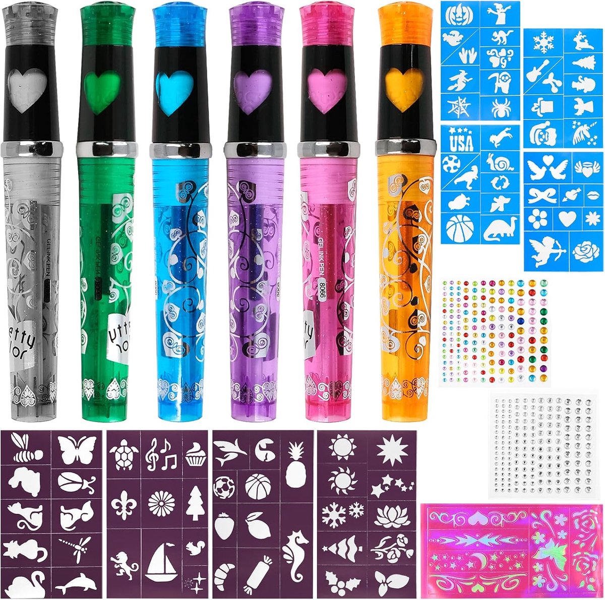 Tijdelijke tatoeages, gezichtsschilderen, glittertattoosjablonen, cadeau voor verjaardag, Kerstmis, carnaval, feest