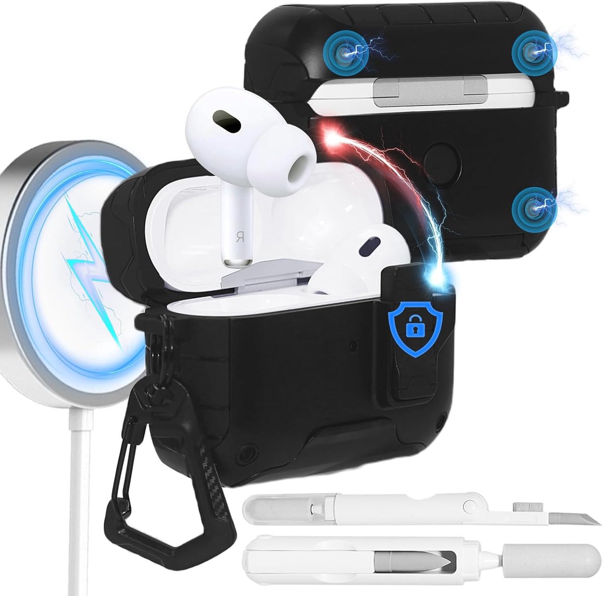 Beschermhoes voor AirPods Pro 3 (2025), magnetische beschermhoes met automatische opening, geïntegreerde telefoonstandaard en karabijnhaak, schokbestendig, zwart