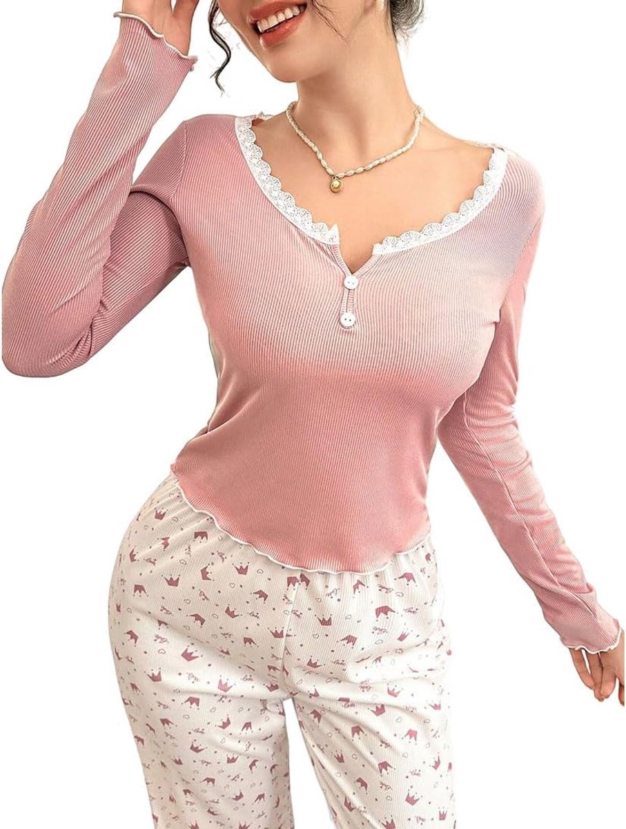 Pyjama dames pyjama broek ronde kraag lange mouwen T-shirt zomer casual nachtkleding loungewear pyjama dames lange mouwen pyjama set nachtkleding pyjamabroek zomer lang vrijetijdspak