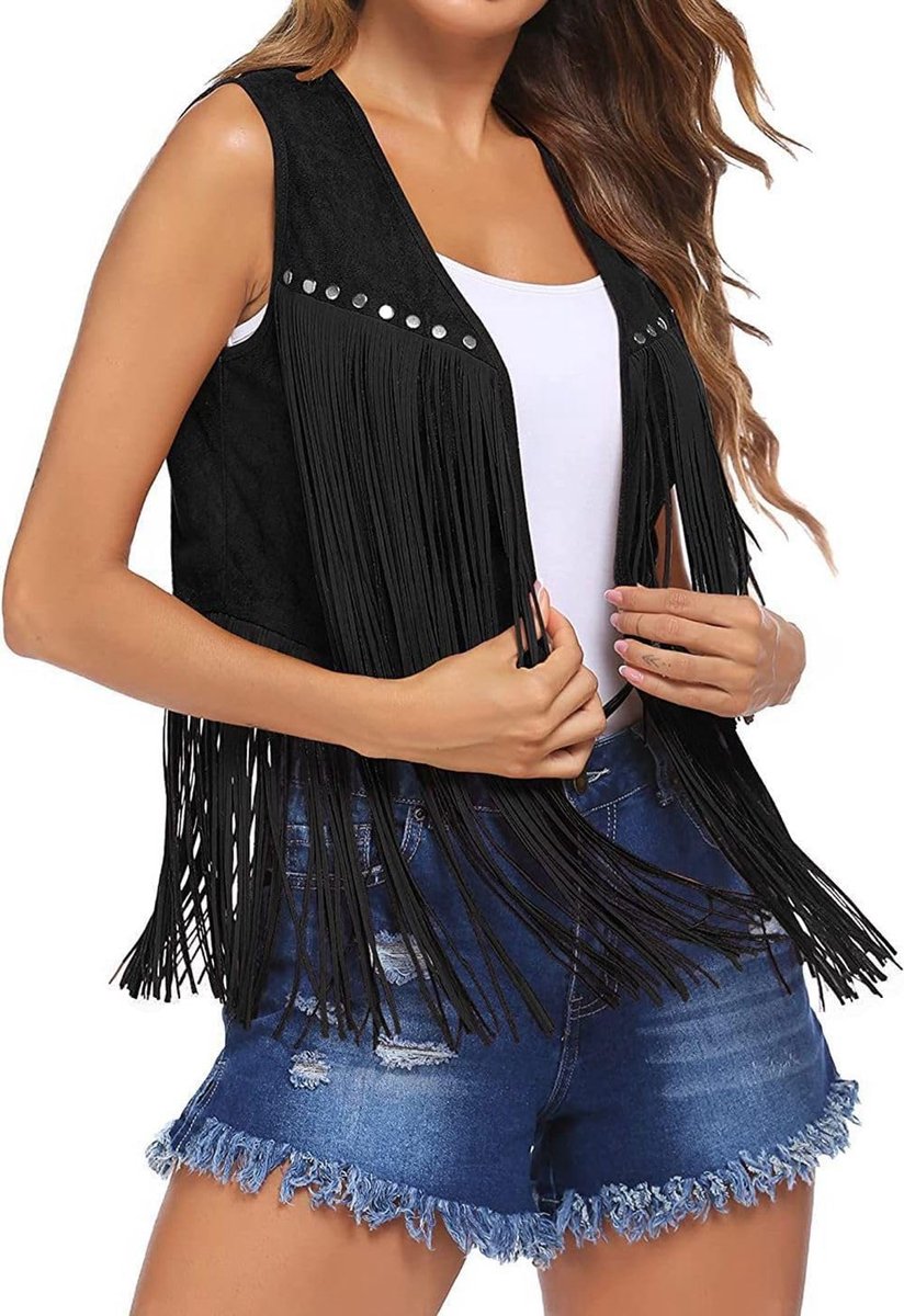 Damesvest met kwastjes, mouwloos, 1 stuk franjes, vest met franjes, vest in suède-look, korte franjes, bovenkleding, bovenkleding, glitterjas, gilet sparkle open fron