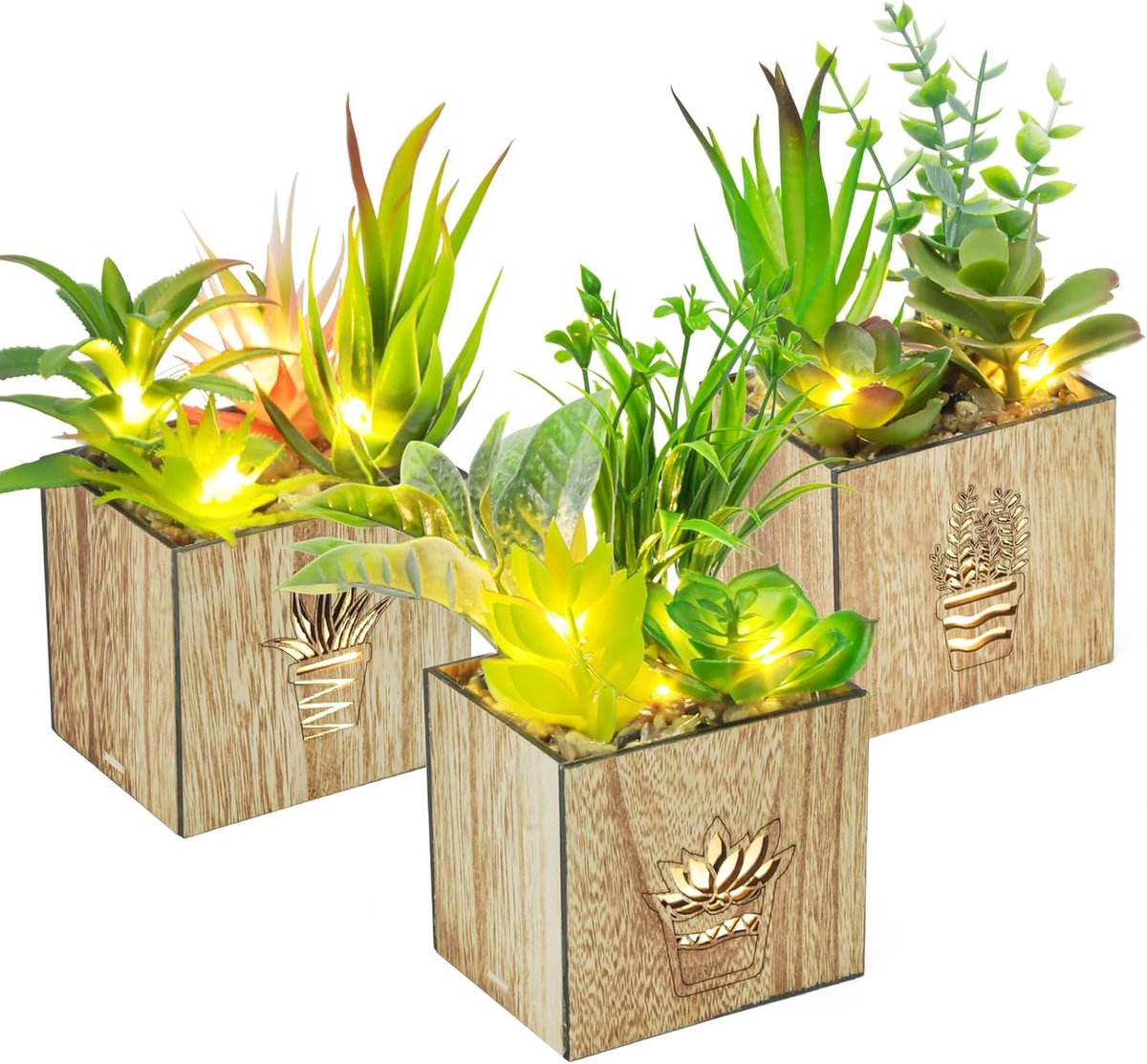 Kunstplanten met led in houten kist, plastic planten vetplanten zoals echte kunstplanten in pot, decoratieve nepplanten voor woonkamer, badkamer, vensterbank, interieurdecoratie