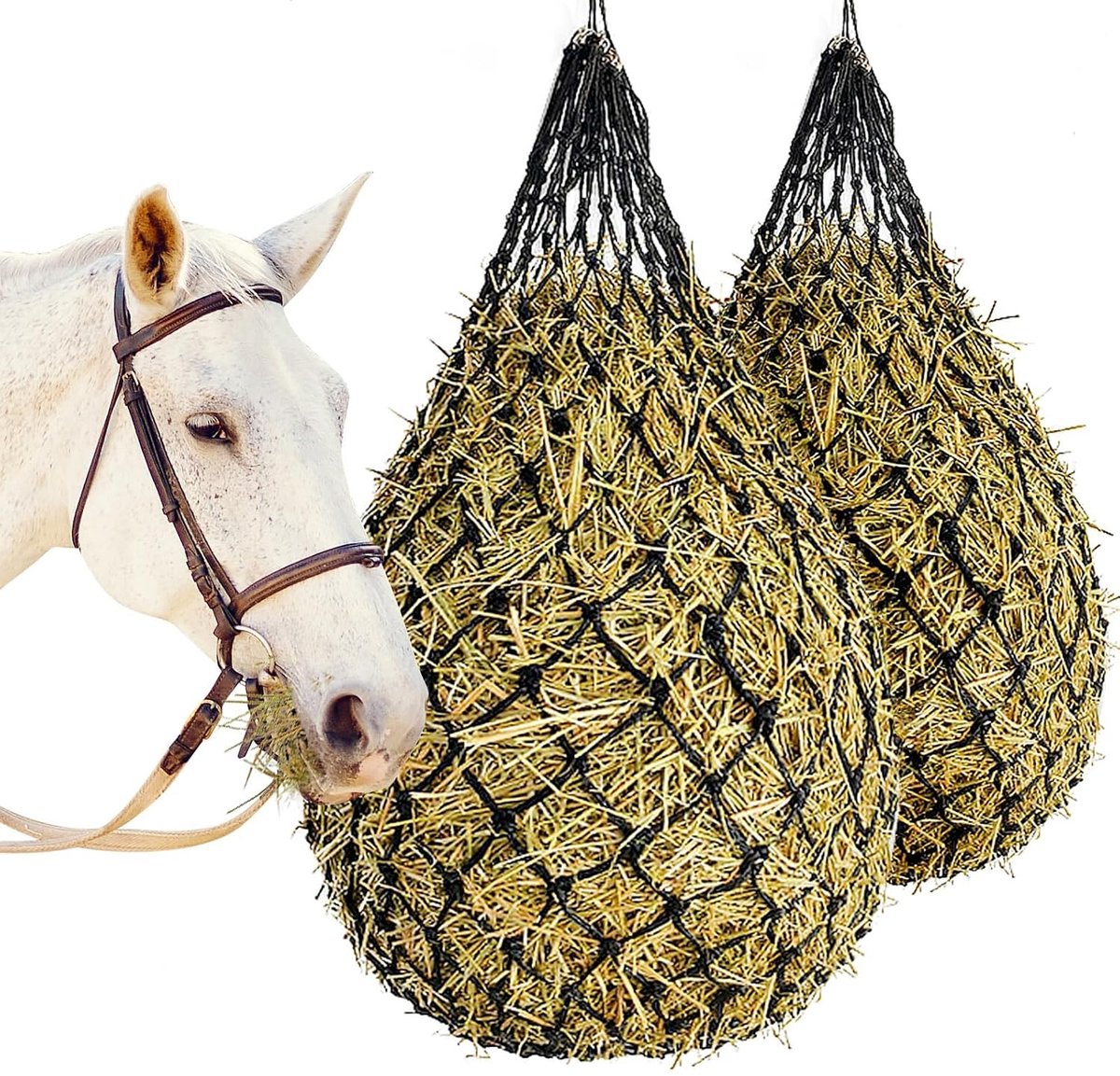 Hooiennet voor paarden, 2 stuks, groot, 10-15 kg, fijnmazig 5 x 5 cm, hooitas paard, ronde bollen, hooizak voor paarden, voor diervriendelijke voeding, hooibal paard verbetert de spijsvertering