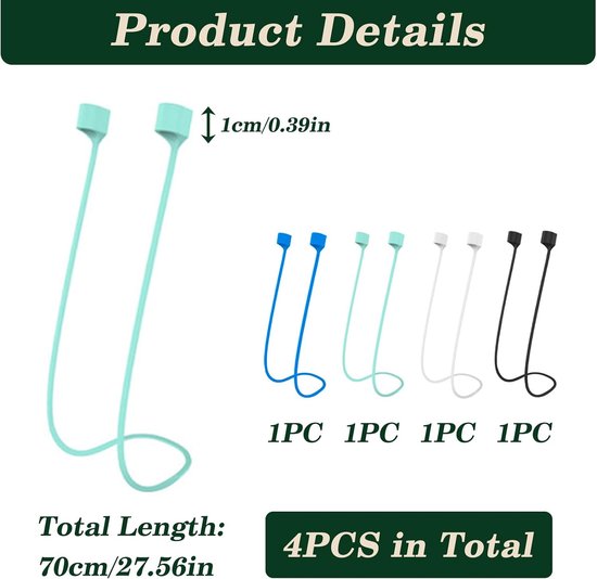 4 stuks sleutelkoord voor 4, 3, 2, 1 en Pro, siliconen band, anti-verlies hoofdtelefoon, houder voor, accessoires voor sport en reizen (zwart, wit, groen, blauw) — afbeelding 2