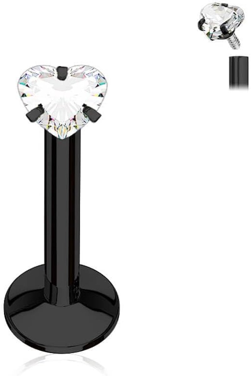 piercing met hartvormige zirkonia, binnendraad, 316L, lippiercing, oorpiercing, steker van chirurgisch staal