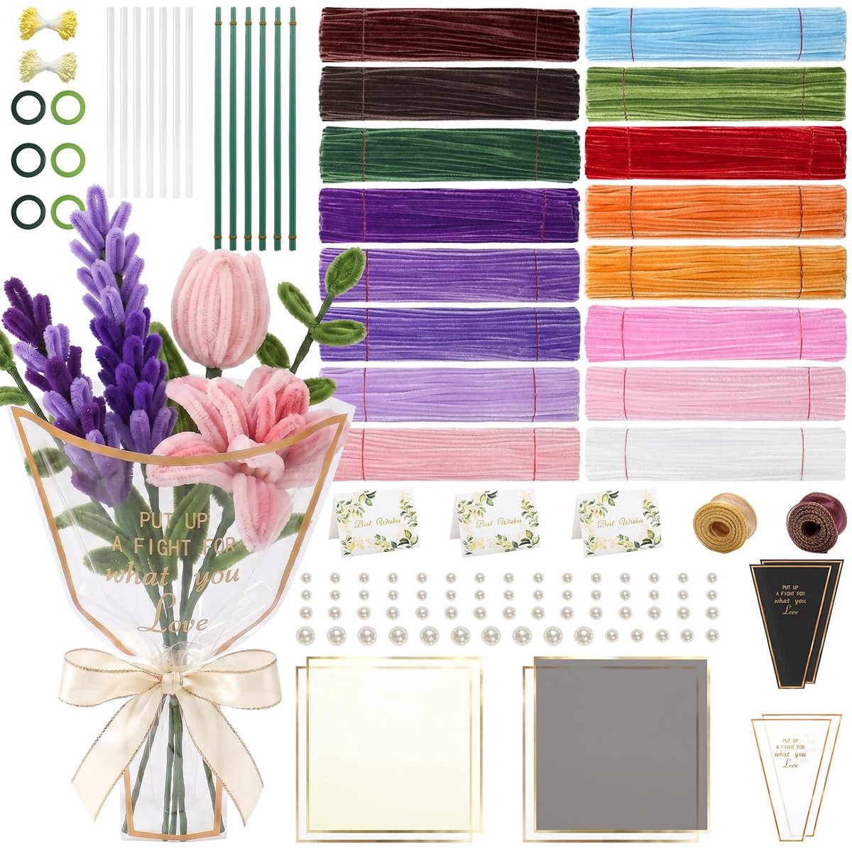 borstelset, zachte chenilledraden om te knutselen, voor bloemen en decoraties, creatief materiaal voor kinderen en volwassenen (1000 verschillende kleuren)