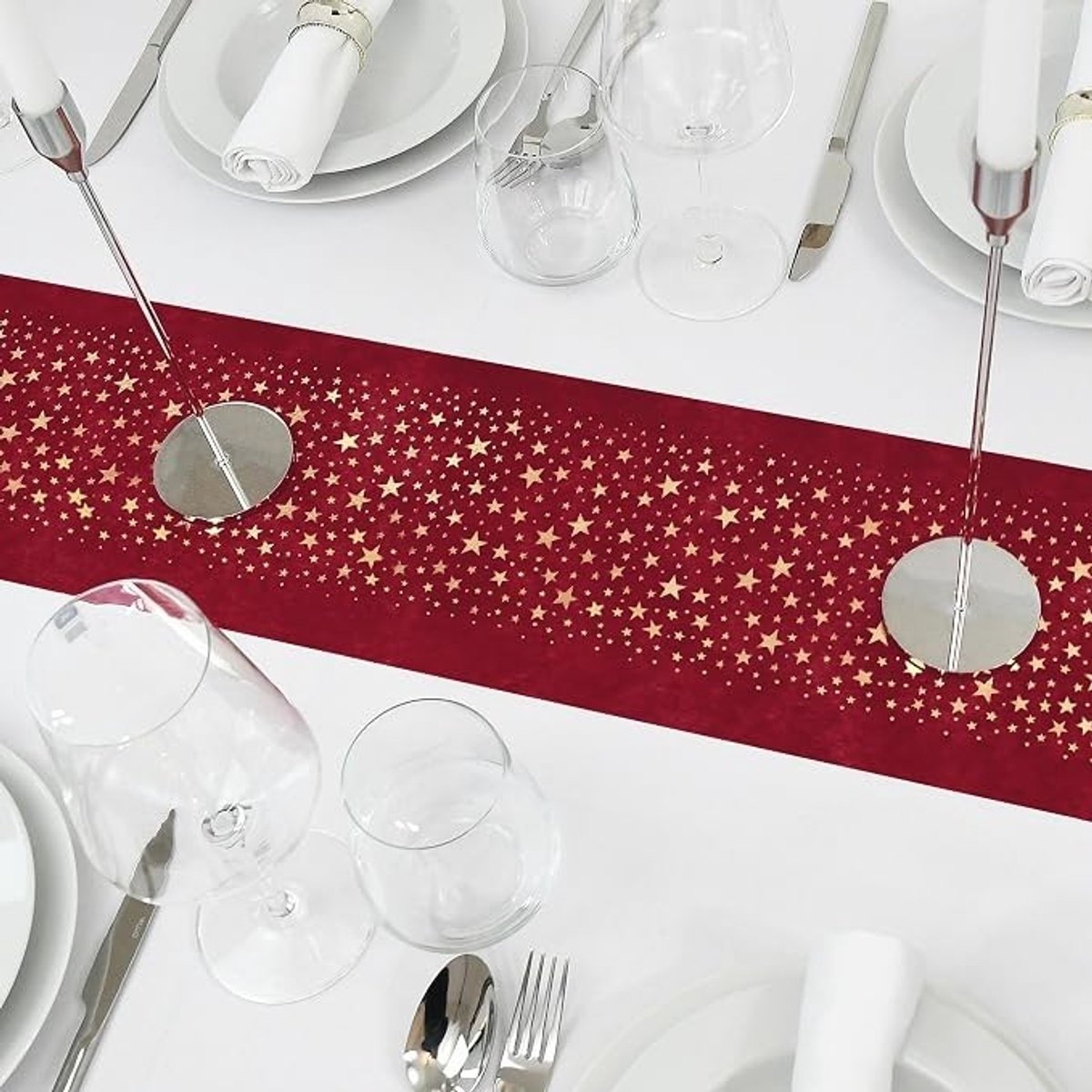Livatto Kerst Tafelloper Wijnrood met Gouden Sterren - 5 m x 20 cm - Feestelijke Tafeldecoratie