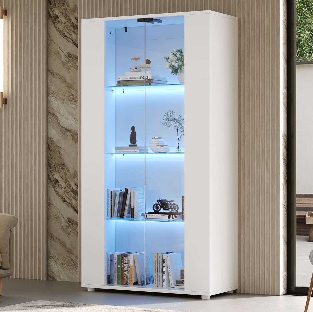 FloraGrace Vitrinekast - 2 Glazen Deuren Met LED-Verlichting - Voor Woonkamer, Eetkamer Of Kantoor - Glas En Spaanplaat - 80x36x150,5 Cm - Wit