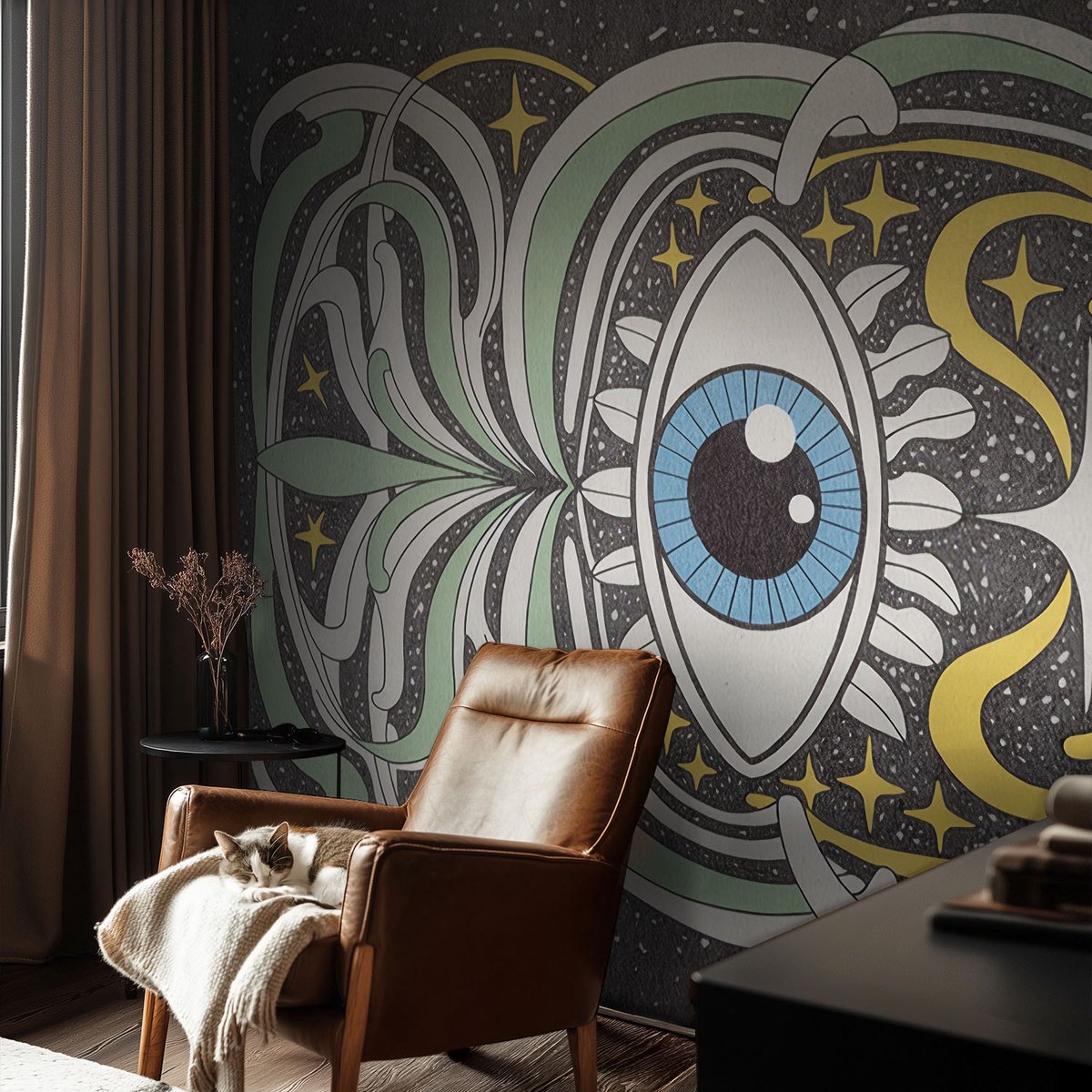 Coloray Vliesbehang - Zwart Snellijm Behang - 104x70 cm - Symmetrisch Oog Fotobehang Vlies - Hal behang Abstractie - Muurschildering - Hal behang
