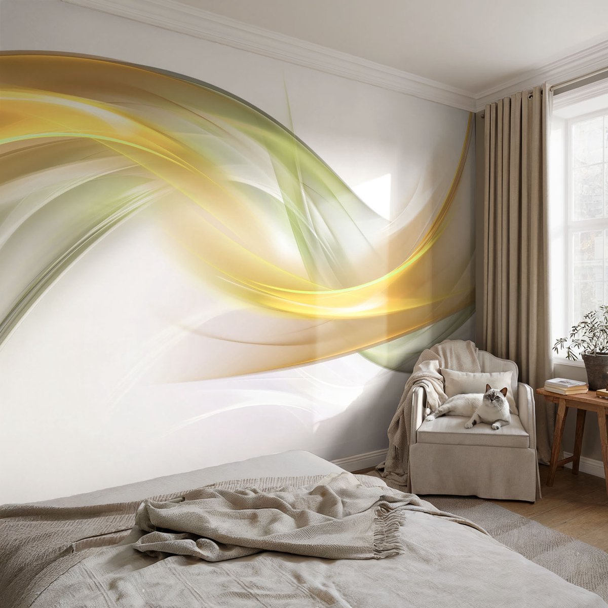 Coloray Vliesbehang - Wit Snellijm Behang - 104x70 cm - Vloeiende Harmonie Muurschildering - Slaapkamer behang Abstractie - Fotobehang Vlies - Slaapkamer behang