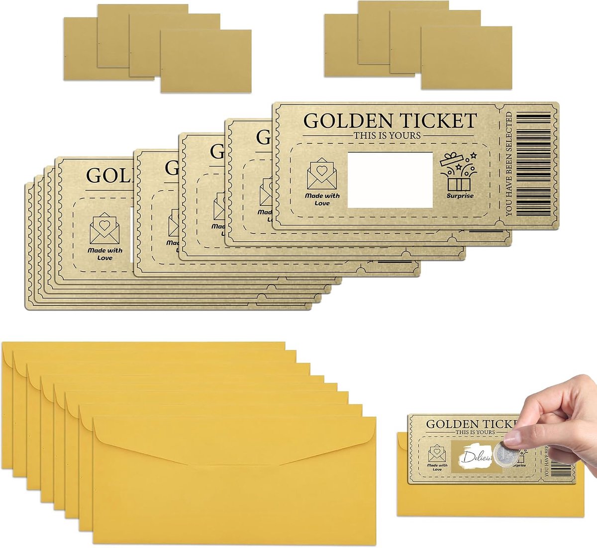 Ticket kraskaarten, set van 8 stuks, kraskaart om te beschrijven, met enveloppen, doe-het-zelf creativiteit, cadeaubon om zelf in te vullen, voor verjaardag, Valentijnsdag, feest, bedankkaart