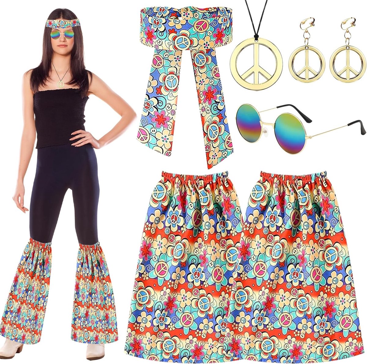 Hippiekostuumset voor vrouwen: jaren '70, discooutfit met leggings, accessoires en zonnebril voor carnaval en themafeest