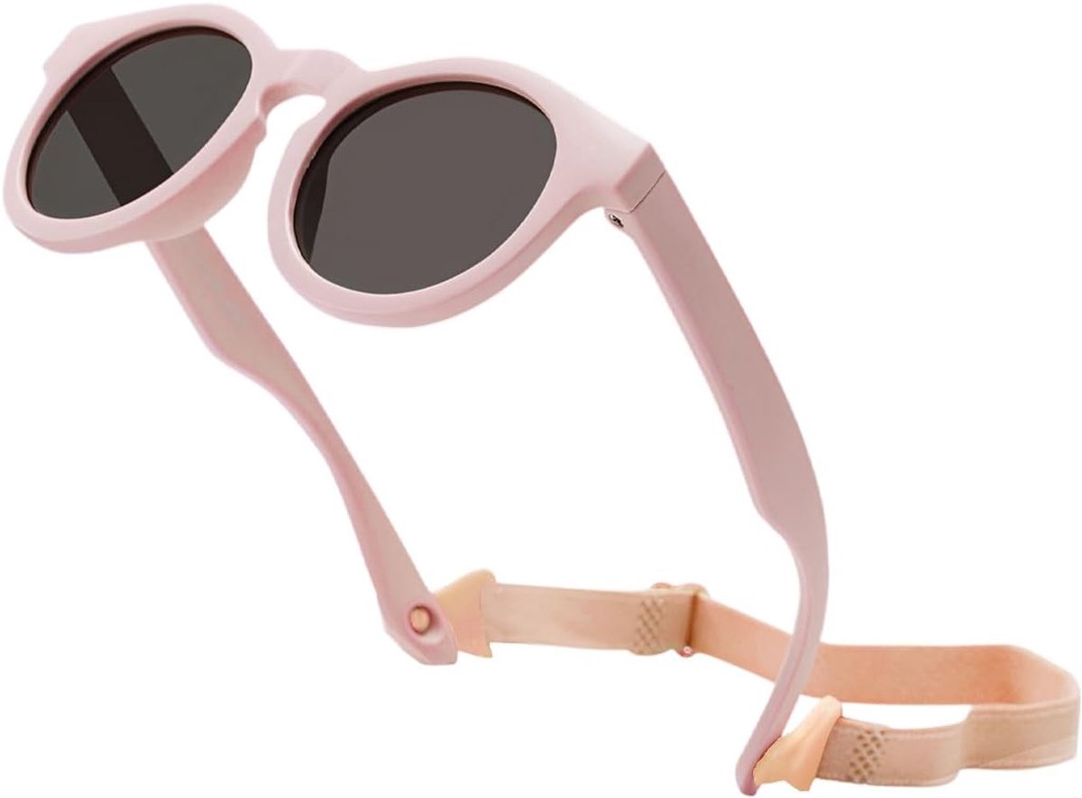 Zonnebril, zonnebril voor kinderen, met siliconen frame en roze brillenkoord, UV400-bescherming, 0-3 jaar, gepolariseerde kinderzonnebril, babyzonnebril voor jongens en meisjes (roze)