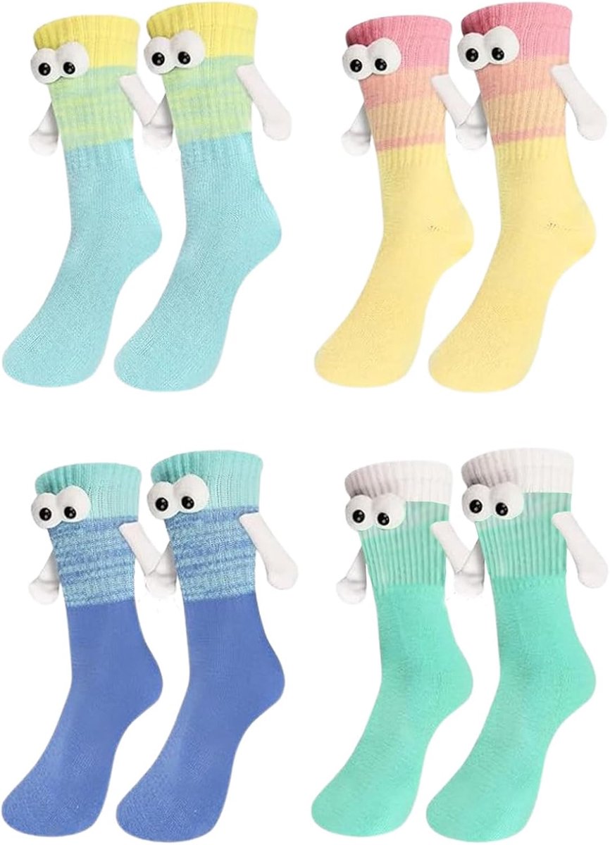 Sokken, 4 paar magnetische pop paar sok nieuwigheid hand in hand vriendschap sokken grappige geschenken voor man vrouwen geliefden vrienden (Multi kleuren)