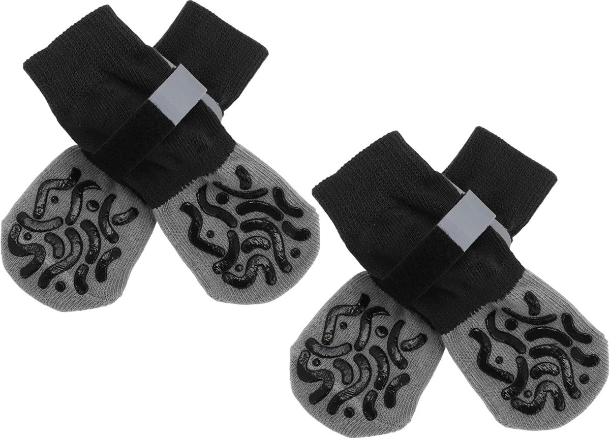 4 stuks antislip hondensokken met reflecterende verstelbare banden, huisdiersokken voor honden, pootbescherming voor honden op houten vloeren, zwart/grijs, x klein