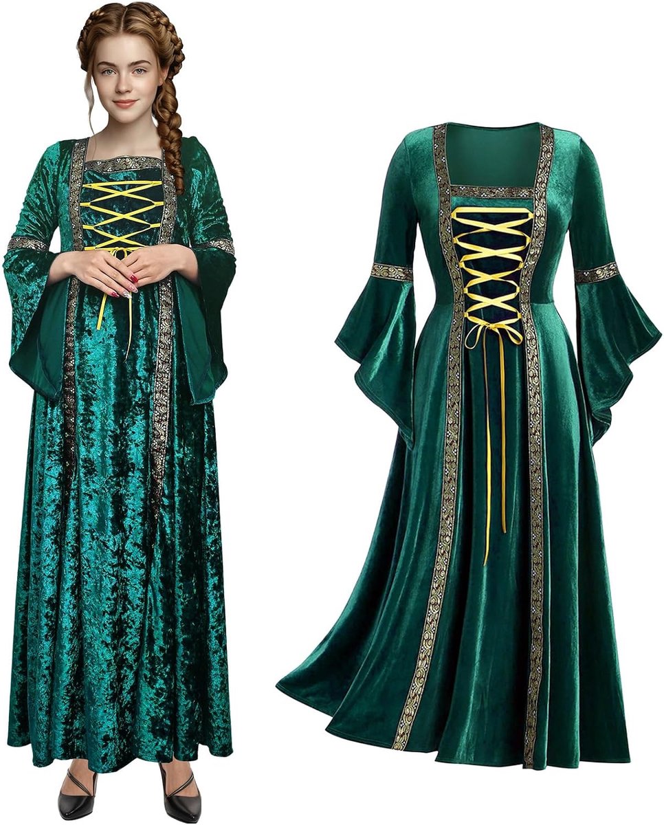 middeleeuwse damesjurk met trompetmouwen, middeleeuwse Victoriaanse groene fluwelen koninginnenjurk, renaissance, Ierse jurk, carnaval, Halloween, feest