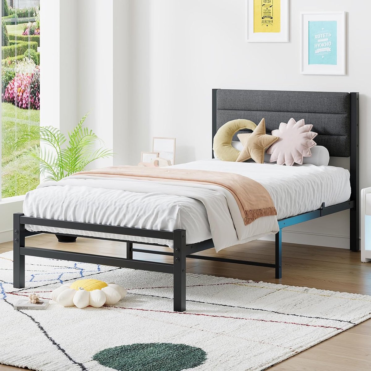 90x200, metalen bedframe, gastenbed 90x200, metalen eenpersoonsbed 90x200 cm met lattenbodem, tienerbed met opbergruimte, voor slaapkamer, kinderkamer, logeerkamer, zwart