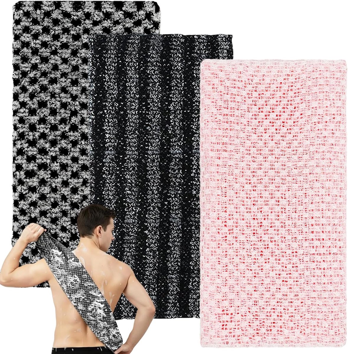 3 stuks Japanse peeling-handdoekenset, extra lange peelingdoek, douchehanddoeken voor het verwijderen van dode huid, heren en dames (zwart, roze)