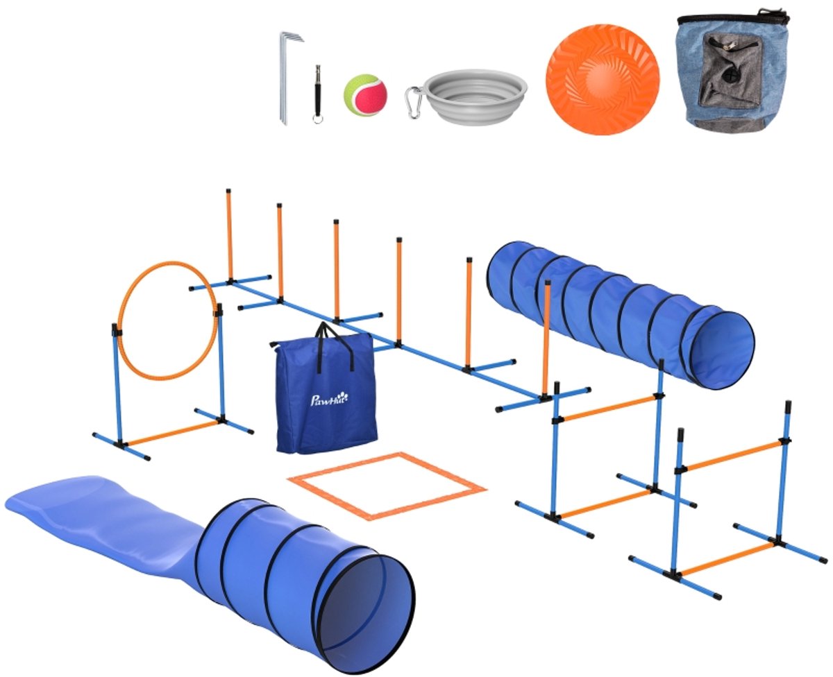 Hond behendigheidstrainingsset 60 x 60 x 300 cm (tunnel); 350 x 68 x 70 cm (slalomstokken); 93 x 72 x 92,5 cm (horden), oranje kunststof, hondentraining, stevig, duurzaam en praktisch, training onder toezicht aanbevolen