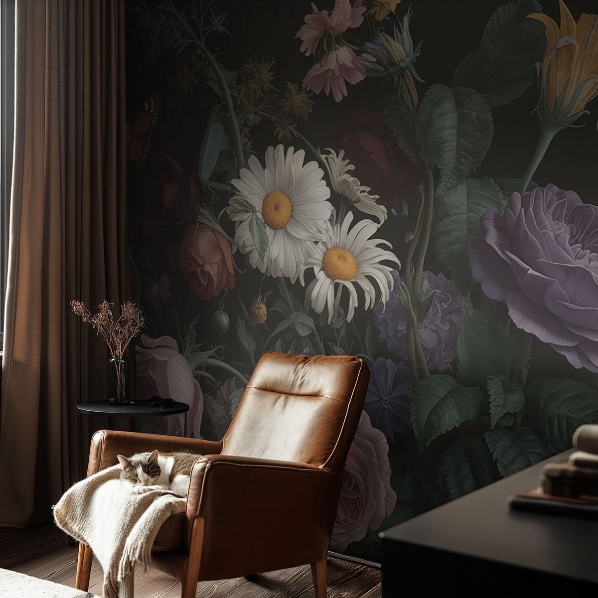Coloray Vliesbehang - Zwart Snellijm Behang - 104x70 cm - Bloemige Elegantie Fotobehang Vlies - Woonkamer behang Bloemen En Planten - Muurschildering - Woonkamer behang